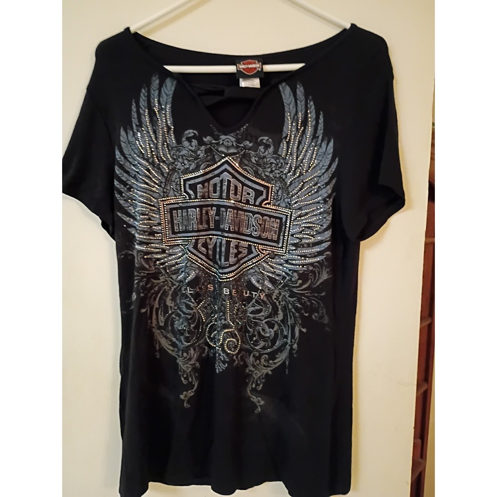 Good Used Ladies Blinged Out L Short Sleeve Harley Davidson T-shirt Black